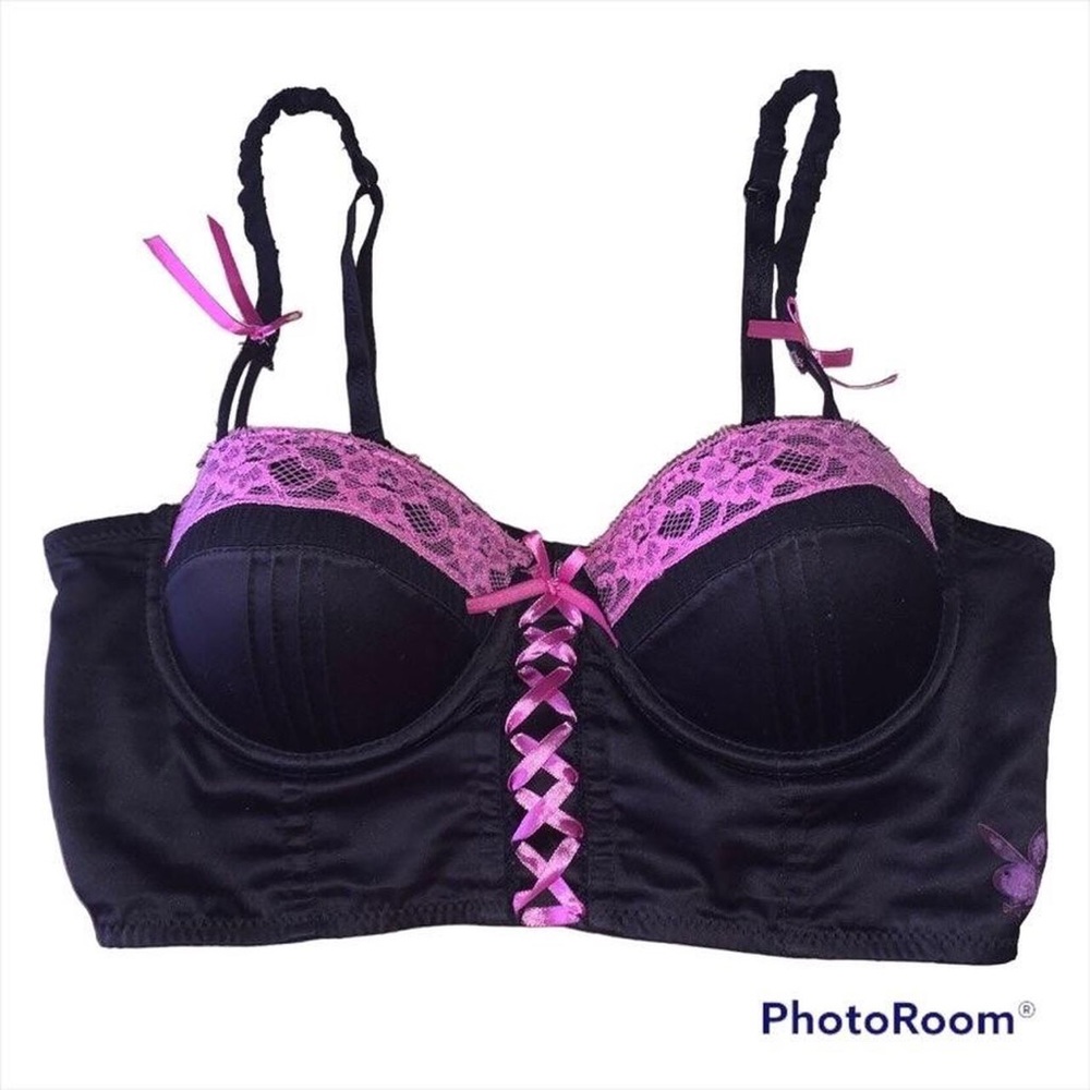 PLAYBOY Y2K PINK AND BLACK LACE BUSTIER TOP